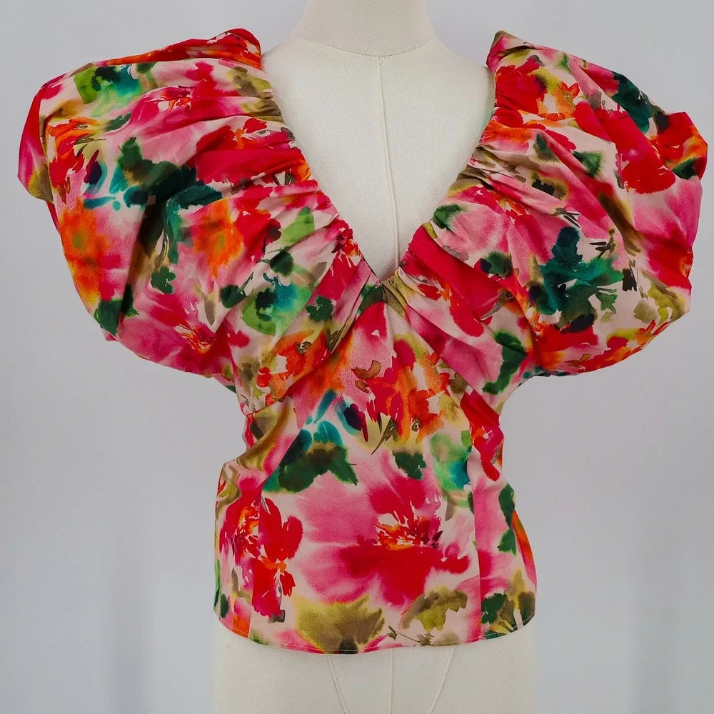 J. Crew Puff Sleeve Top Womens Floral V-Neck Bow Back Size 6 Pink Made in India